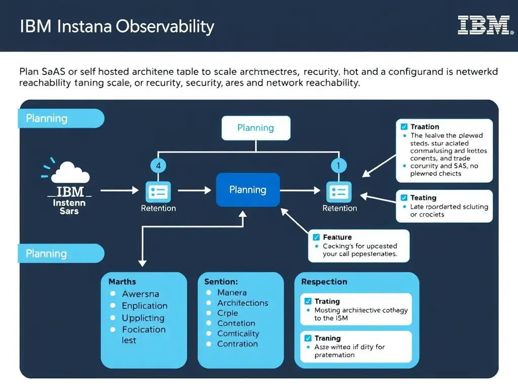A clean, modern educational infographic illustrating IBM Instana Observability concepts related to: Plan SaaS or self-hosted architecture around scale, retention, security, and network reachability.. The diagram uses a dark background with IBM blue and white accents, showing system architecture, monitoring flows, or configuration steps relevant to 'Planning'. Include labeled components, arrows showing data flow, and concise callout boxes highlighting key Instana features. Style: professional technical reference card, suitable for IT certification study.