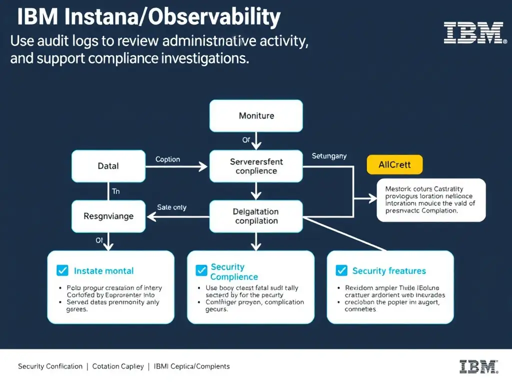 A clean, modern educational infographic illustrating IBM Instana Observability concepts related to: Use audit logs to review administrative activity and support compliance investigations.. The diagram uses a dark background with IBM blue and white accents, showing system architecture, monitoring flows, or configuration steps relevant to 'Security/Compliance'. Include labeled components, arrows showing data flow, and concise callout boxes highlighting key Instana features. Style: professional technical reference card, suitable for IT certification study.