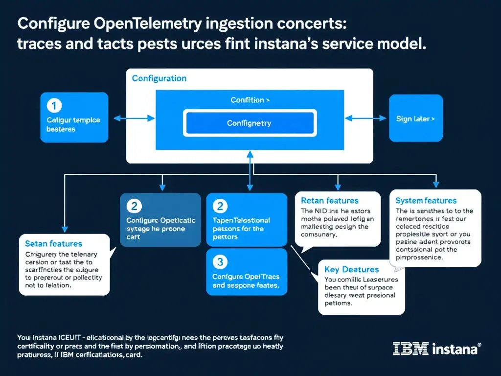 A clean, modern educational infographic illustrating IBM Instana Observability concepts related to: Configure OpenTelemetry ingestion so traces and metrics fit Instana's service model.. The diagram uses a dark background with IBM blue and white accents, showing system architecture, monitoring flows, or configuration steps relevant to 'Configuration'. Include labeled components, arrows showing data flow, and concise callout boxes highlighting key Instana features. Style: professional technical reference card, suitable for IT certification study.
