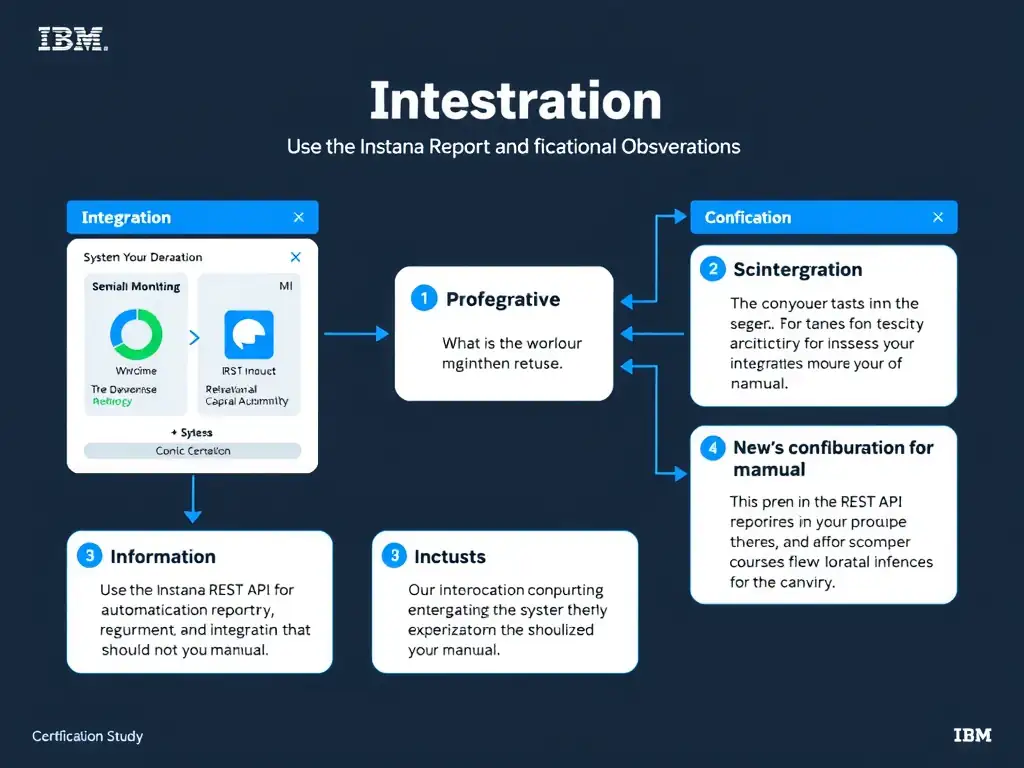 A clean, modern educational infographic illustrating IBM Instana Observability concepts related to: Use the Instana REST API for automation, reporting, and integration tasks that should not be manual.. The diagram uses a dark background with IBM blue and white accents, showing system architecture, monitoring flows, or configuration steps relevant to 'Integration'. Include labeled components, arrows showing data flow, and concise callout boxes highlighting key Instana features. Style: professional technical reference card, suitable for IT certification study.