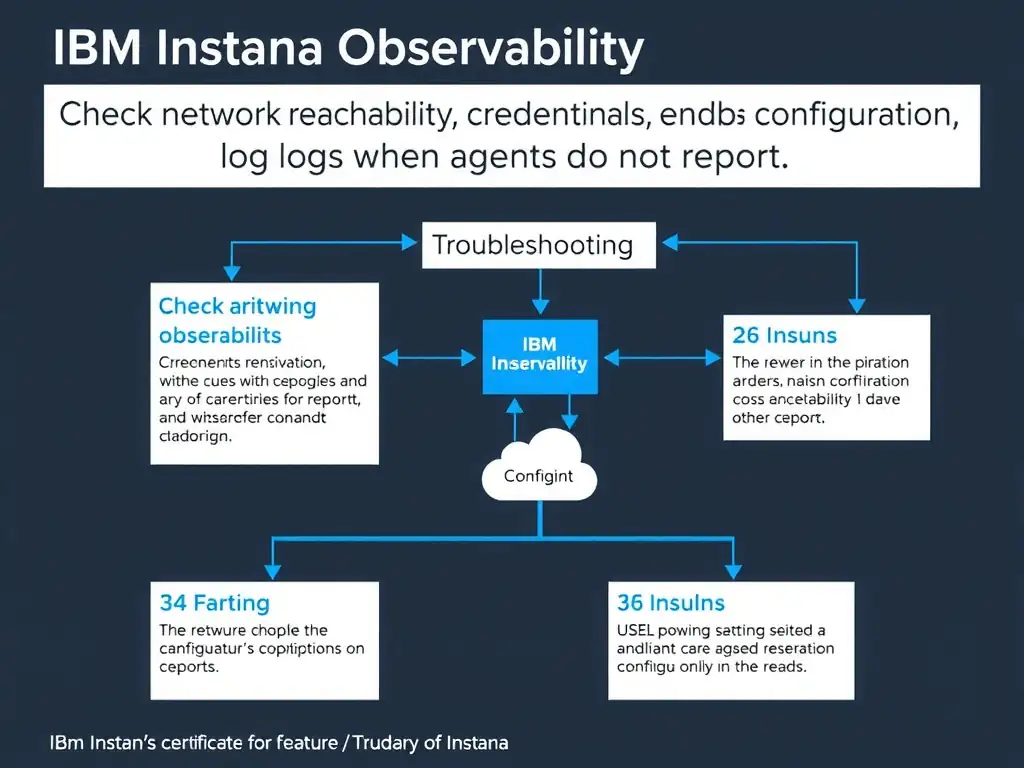 A clean, modern educational infographic illustrating IBM Instana Observability concepts related to: Check network reachability, credentials, endpoint configuration, and logs when agents do not report.. The diagram uses a dark background with IBM blue and white accents, showing system architecture, monitoring flows, or configuration steps relevant to 'Troubleshooting'. Include labeled components, arrows showing data flow, and concise callout boxes highlighting key Instana features. Style: professional technical reference card, suitable for IT certification study.