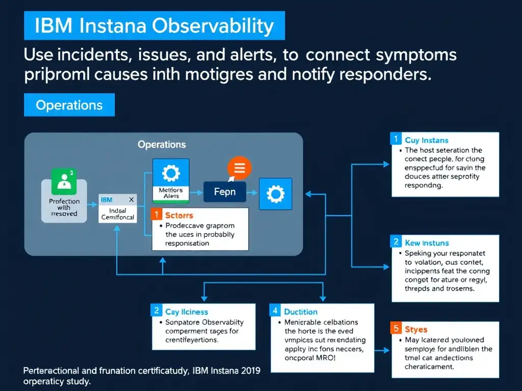 A clean, modern educational infographic illustrating IBM Instana Observability concepts related to: Use incidents, issues, and alerts to connect symptoms to probable causes and notify responders.. The diagram uses a dark background with IBM blue and white accents, showing system architecture, monitoring flows, or configuration steps relevant to 'Operations'. Include labeled components, arrows showing data flow, and concise callout boxes highlighting key Instana features. Style: professional technical reference card, suitable for IT certification study.