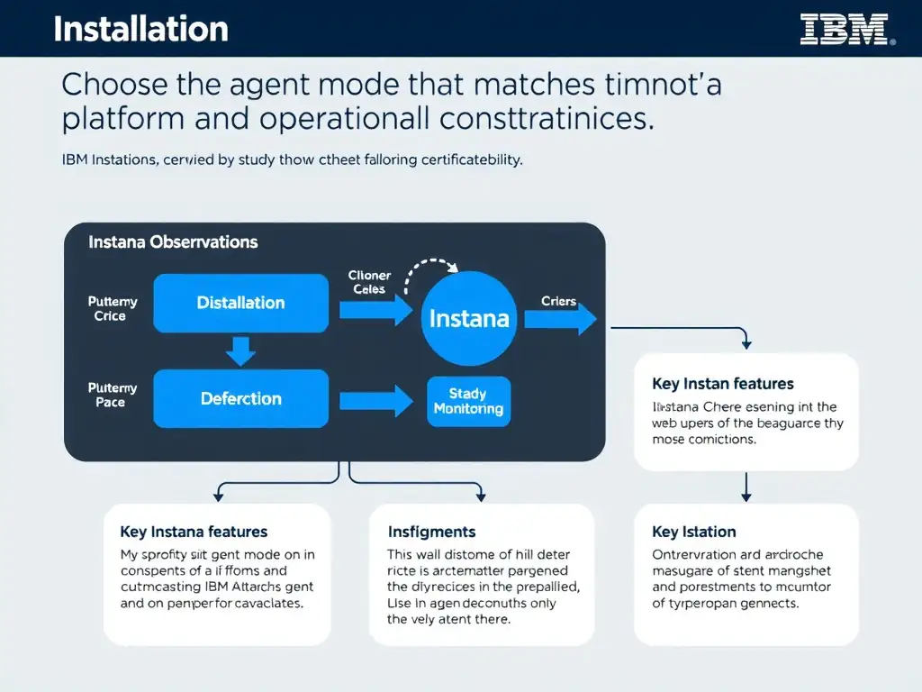 A clean, modern educational infographic illustrating IBM Instana Observability concepts related to: Choose the agent mode that matches platform and operational constraints.. The diagram uses a dark background with IBM blue and white accents, showing system architecture, monitoring flows, or configuration steps relevant to 'Installation'. Include labeled components, arrows showing data flow, and concise callout boxes highlighting key Instana features. Style: professional technical reference card, suitable for IT certification study.