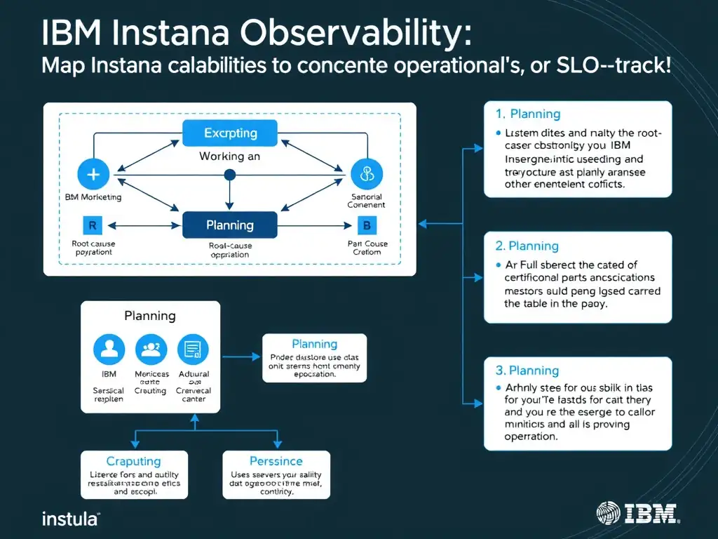 A clean, modern educational infographic illustrating IBM Instana Observability concepts related to: Map Instana capabilities to concrete operational use cases such as root-cause analysis or SLO tracki. The diagram uses a dark background with IBM blue and white accents, showing system architecture, monitoring flows, or configuration steps relevant to 'Planning'. Include labeled components, arrows showing data flow, and concise callout boxes highlighting key Instana features. Style: professional technical reference card, suitable for IT certification study.