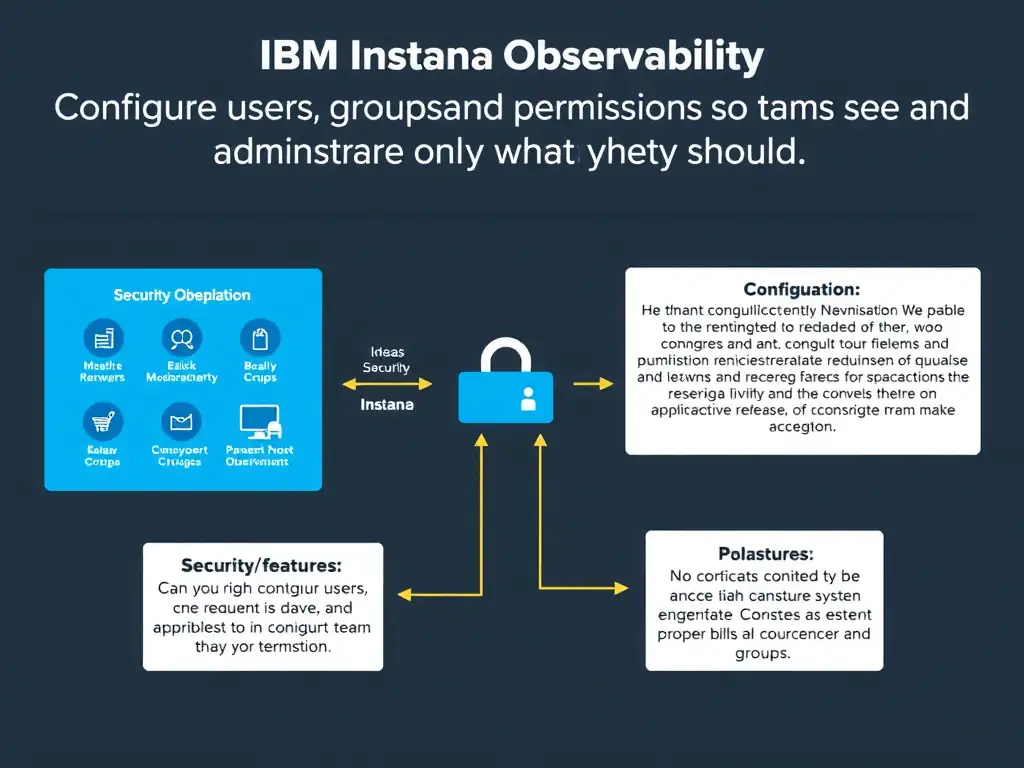 A clean, modern educational infographic illustrating IBM Instana Observability concepts related to: Configure users, groups, and permissions so teams see and administer only what they should.. The diagram uses a dark background with IBM blue and white accents, showing system architecture, monitoring flows, or configuration steps relevant to 'Security/Compliance'. Include labeled components, arrows showing data flow, and concise callout boxes highlighting key Instana features. Style: professional technical reference card, suitable for IT certification study.