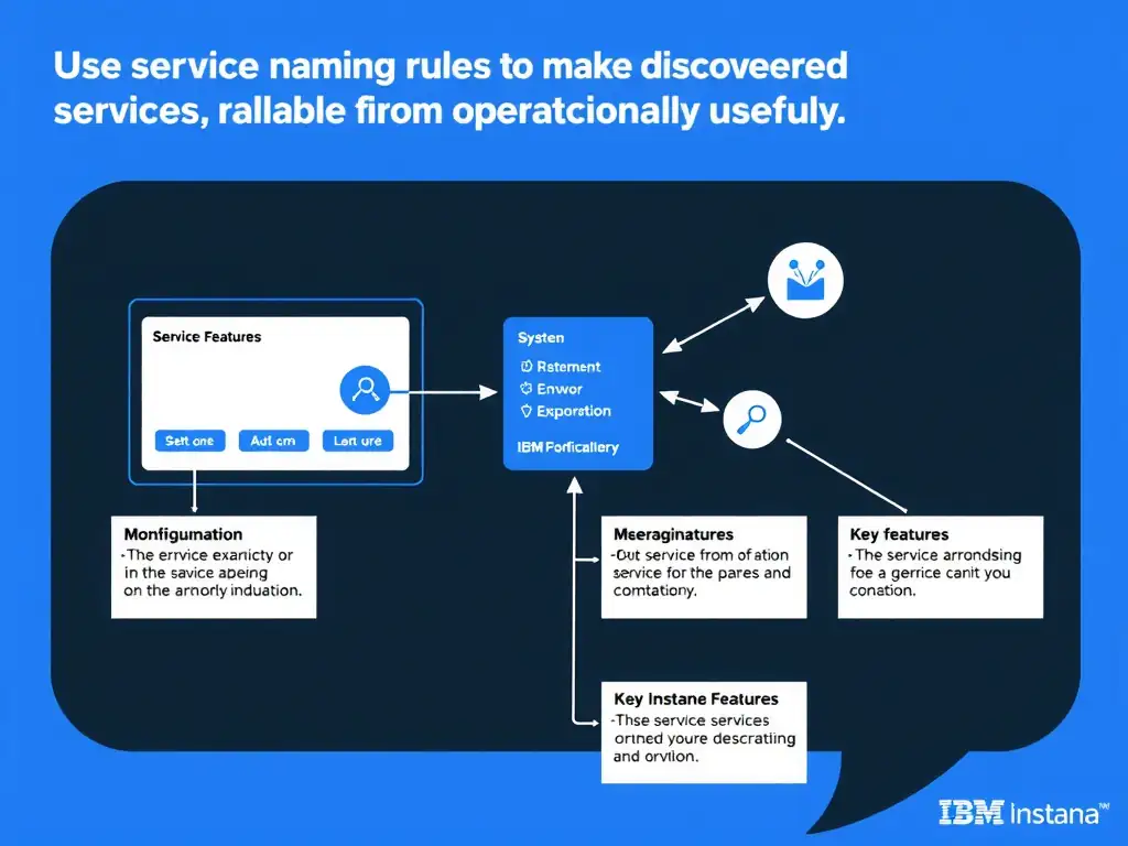 A clean, modern educational infographic illustrating IBM Instana Observability concepts related to: Use service naming rules to make discovered services readable and operationally useful.. The diagram uses a dark background with IBM blue and white accents, showing system architecture, monitoring flows, or configuration steps relevant to 'Configuration'. Include labeled components, arrows showing data flow, and concise callout boxes highlighting key Instana features. Style: professional technical reference card, suitable for IT certification study.