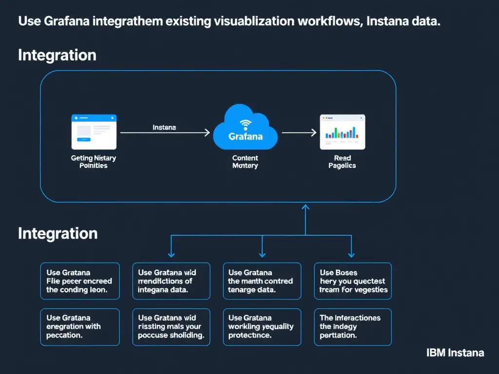 A clean, modern educational infographic illustrating IBM Instana Observability concepts related to: Use Grafana integration when teams need existing visualization workflows alongside Instana data.. The diagram uses a dark background with IBM blue and white accents, showing system architecture, monitoring flows, or configuration steps relevant to 'Integration'. Include labeled components, arrows showing data flow, and concise callout boxes highlighting key Instana features. Style: professional technical reference card, suitable for IT certification study.