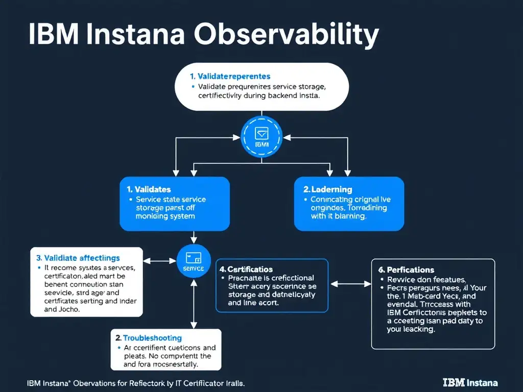 A clean, modern educational infographic illustrating IBM Instana Observability concepts related to: Validate prerequisites, service status, storage, certificates, and connectivity during backend insta. The diagram uses a dark background with IBM blue and white accents, showing system architecture, monitoring flows, or configuration steps relevant to 'Troubleshooting'. Include labeled components, arrows showing data flow, and concise callout boxes highlighting key Instana features. Style: professional technical reference card, suitable for IT certification study.