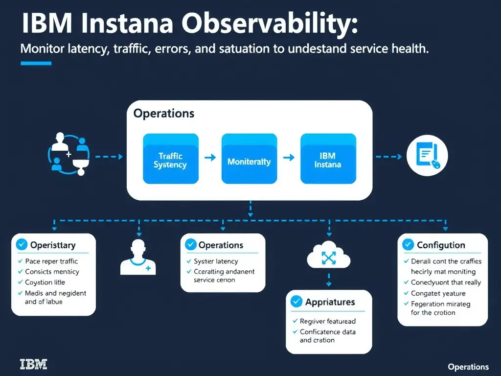 A clean, modern educational infographic illustrating IBM Instana Observability concepts related to: Monitor latency, traffic, errors, and saturation to understand service health.. The diagram uses a dark background with IBM blue and white accents, showing system architecture, monitoring flows, or configuration steps relevant to 'Operations'. Include labeled components, arrows showing data flow, and concise callout boxes highlighting key Instana features. Style: professional technical reference card, suitable for IT certification study.