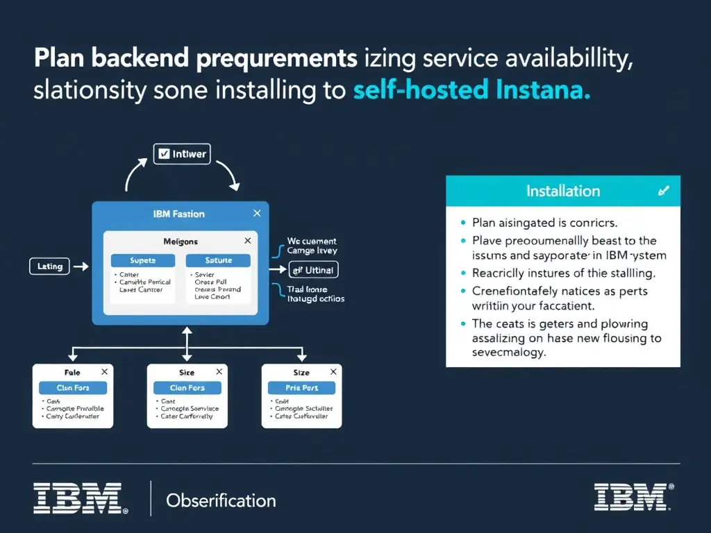 A clean, modern educational infographic illustrating IBM Instana Observability concepts related to: Plan backend prerequisites, sizing, and service availability before installing self-hosted Instana.. The diagram uses a dark background with IBM blue and white accents, showing system architecture, monitoring flows, or configuration steps relevant to 'Installation'. Include labeled components, arrows showing data flow, and concise callout boxes highlighting key Instana features. Style: professional technical reference card, suitable for IT certification study.