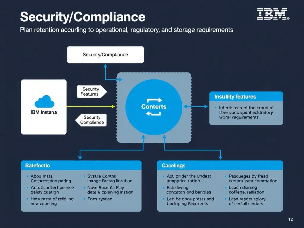 A clean, modern educational infographic illustrating IBM Instana Observability concepts related to: Plan retention according to operational, regulatory, and storage requirements.. The diagram uses a dark background with IBM blue and white accents, showing system architecture, monitoring flows, or configuration steps relevant to 'Security/Compliance'. Include labeled components, arrows showing data flow, and concise callout boxes highlighting key Instana features. Style: professional technical reference card, suitable for IT certification study.