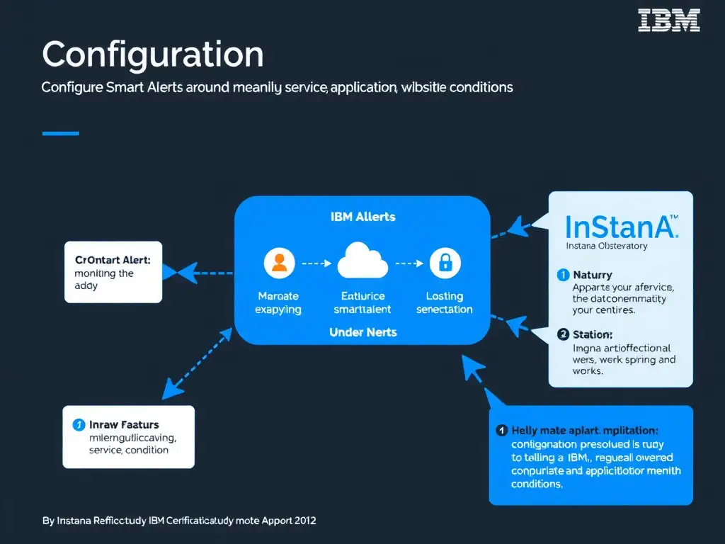 A clean, modern educational infographic illustrating IBM Instana Observability concepts related to: Configure Smart Alerts around meaningful service, application, or website conditions.. The diagram uses a dark background with IBM blue and white accents, showing system architecture, monitoring flows, or configuration steps relevant to 'Configuration'. Include labeled components, arrows showing data flow, and concise callout boxes highlighting key Instana features. Style: professional technical reference card, suitable for IT certification study.