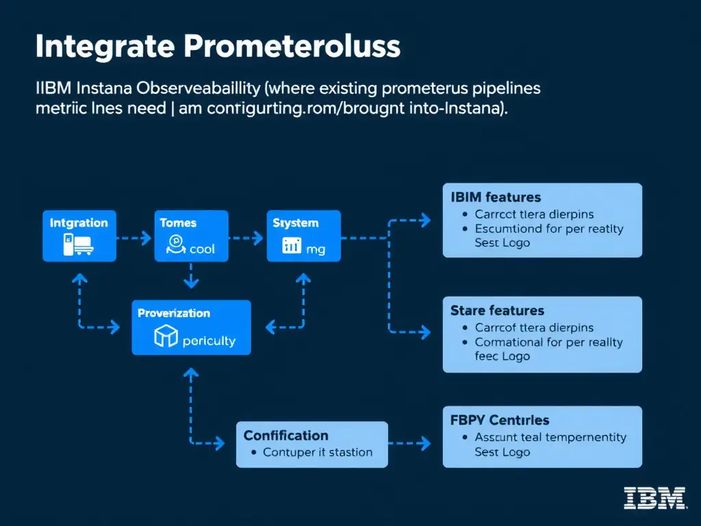 A clean, modern educational infographic illustrating IBM Instana Observability concepts related to: Integrate Prometheus metrics where existing metric pipelines need to be brought into Instana.. The diagram uses a dark background with IBM blue and white accents, showing system architecture, monitoring flows, or configuration steps relevant to 'Integration'. Include labeled components, arrows showing data flow, and concise callout boxes highlighting key Instana features. Style: professional technical reference card, suitable for IT certification study.