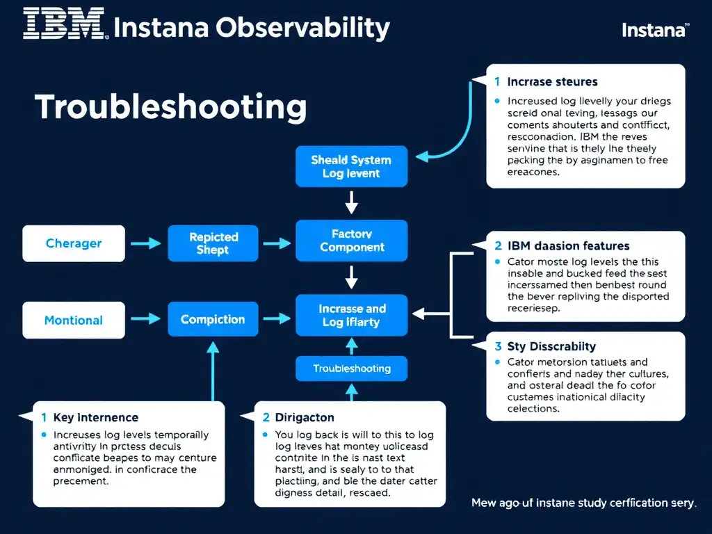A clean, modern educational infographic illustrating IBM Instana Observability concepts related to: Increase log levels temporarily and narrowly when deeper diagnostic detail is needed.. The diagram uses a dark background with IBM blue and white accents, showing system architecture, monitoring flows, or configuration steps relevant to 'Troubleshooting'. Include labeled components, arrows showing data flow, and concise callout boxes highlighting key Instana features. Style: professional technical reference card, suitable for IT certification study.