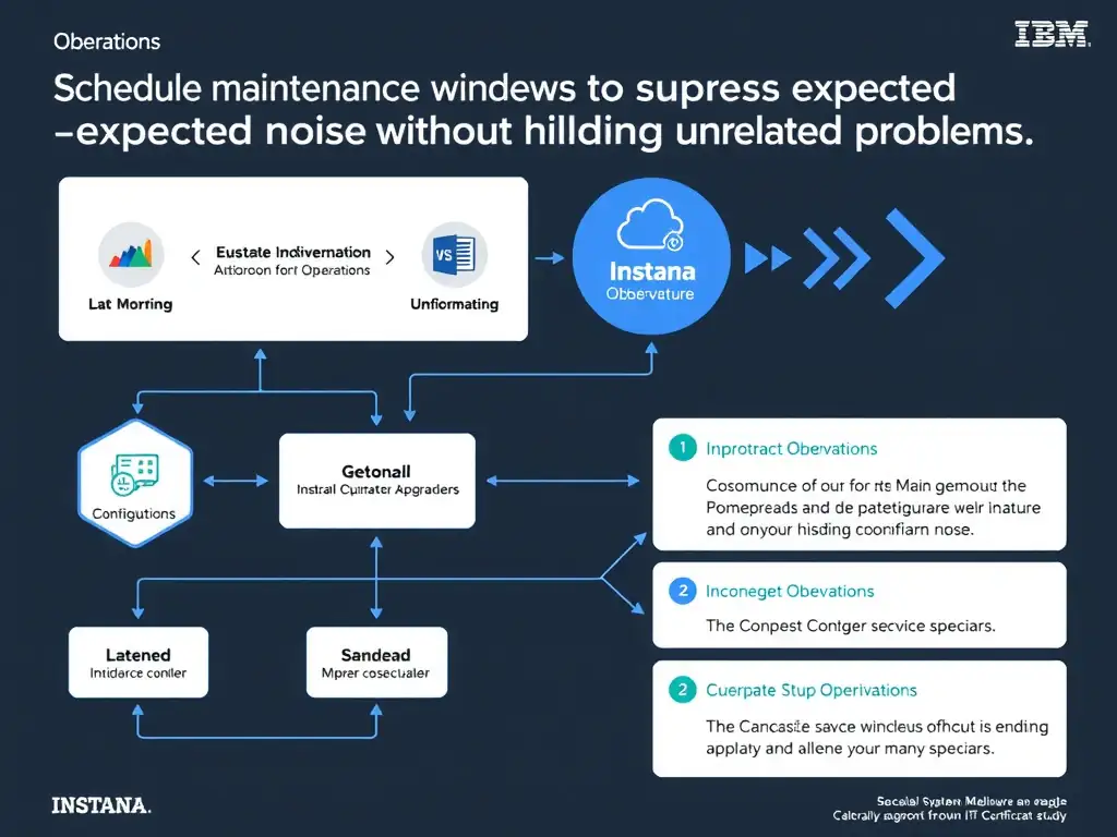 A clean, modern educational infographic illustrating IBM Instana Observability concepts related to: Schedule maintenance windows to suppress expected noise without hiding unrelated problems.. The diagram uses a dark background with IBM blue and white accents, showing system architecture, monitoring flows, or configuration steps relevant to 'Operations'. Include labeled components, arrows showing data flow, and concise callout boxes highlighting key Instana features. Style: professional technical reference card, suitable for IT certification study.