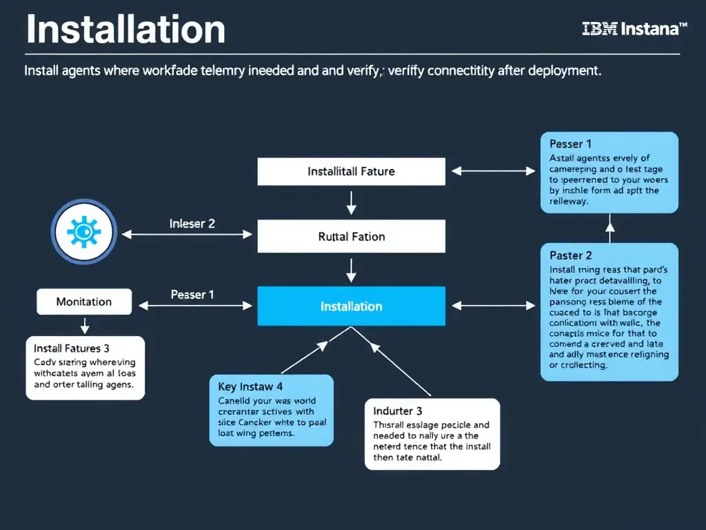 A clean, modern educational infographic illustrating IBM Instana Observability concepts related to: Install agents where workload telemetry is needed and verify connectivity after deployment.. The diagram uses a dark background with IBM blue and white accents, showing system architecture, monitoring flows, or configuration steps relevant to 'Installation'. Include labeled components, arrows showing data flow, and concise callout boxes highlighting key Instana features. Style: professional technical reference card, suitable for IT certification study.