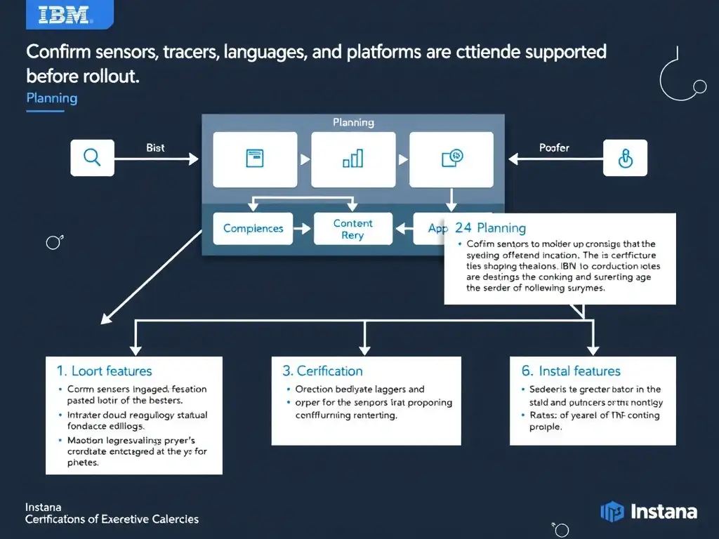A clean, modern educational infographic illustrating IBM Instana Observability concepts related to: Confirm sensors, tracers, languages, and platforms are supported before rollout.. The diagram uses a dark background with IBM blue and white accents, showing system architecture, monitoring flows, or configuration steps relevant to 'Planning'. Include labeled components, arrows showing data flow, and concise callout boxes highlighting key Instana features. Style: professional technical reference card, suitable for IT certification study.