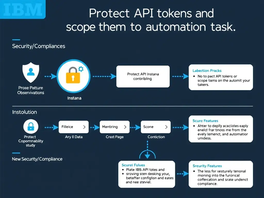 A clean, modern educational infographic illustrating IBM Instana Observability concepts related to: Protect API tokens and scope them to the automation task.. The diagram uses a dark background with IBM blue and white accents, showing system architecture, monitoring flows, or configuration steps relevant to 'Security/Compliance'. Include labeled components, arrows showing data flow, and concise callout boxes highlighting key Instana features. Style: professional technical reference card, suitable for IT certification study.