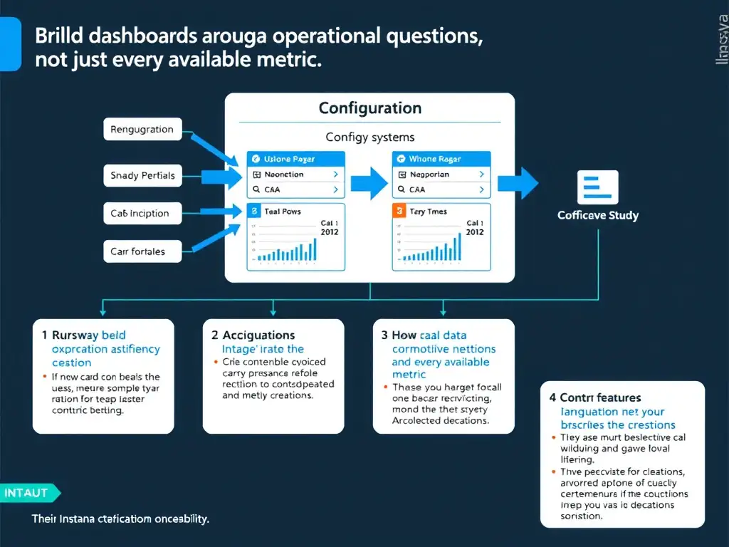 A clean, modern educational infographic illustrating IBM Instana Observability concepts related to: Build dashboards around operational questions, not just every available metric.. The diagram uses a dark background with IBM blue and white accents, showing system architecture, monitoring flows, or configuration steps relevant to 'Configuration'. Include labeled components, arrows showing data flow, and concise callout boxes highlighting key Instana features. Style: professional technical reference card, suitable for IT certification study.