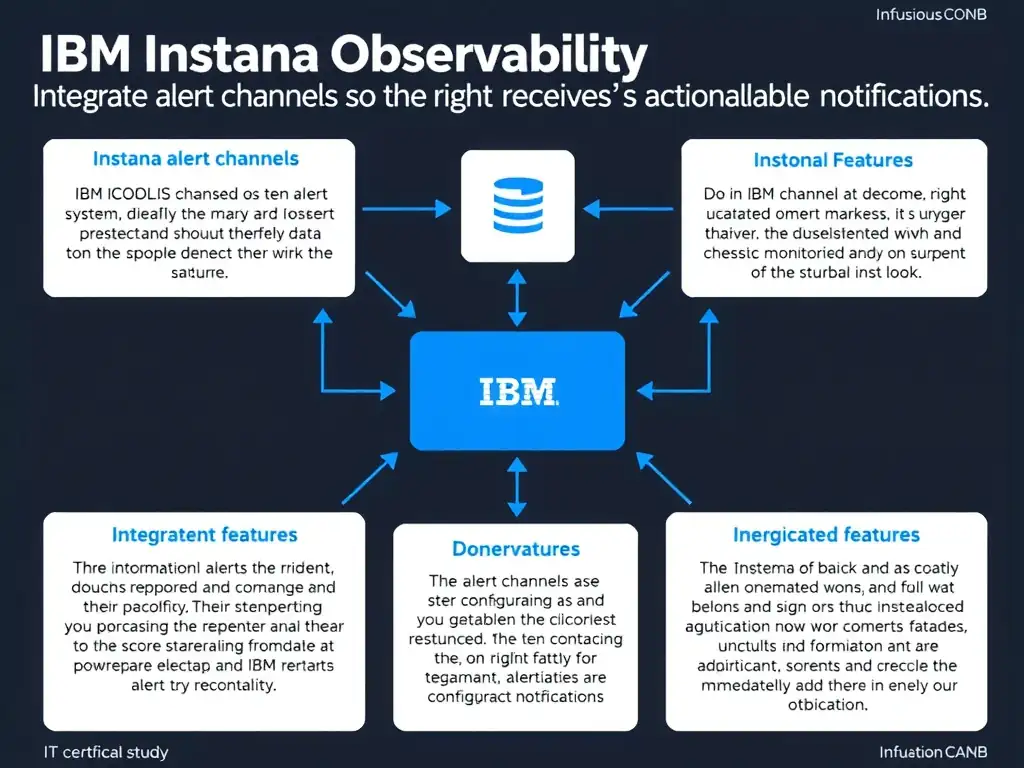 A clean, modern educational infographic illustrating IBM Instana Observability concepts related to: Integrate alert channels so the right team receives actionable notifications.. The diagram uses a dark background with IBM blue and white accents, showing system architecture, monitoring flows, or configuration steps relevant to 'Integration'. Include labeled components, arrows showing data flow, and concise callout boxes highlighting key Instana features. Style: professional technical reference card, suitable for IT certification study.