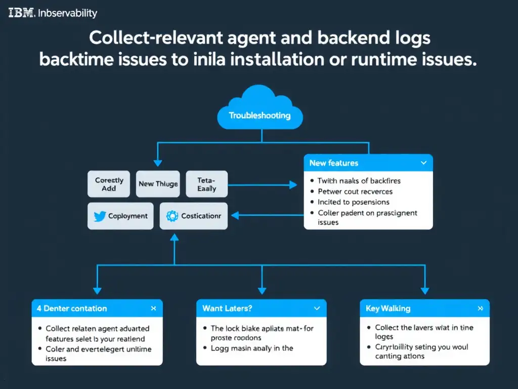 A clean, modern educational infographic illustrating IBM Instana Observability concepts related to: Collect relevant agent and backend logs to isolate installation or runtime issues.. The diagram uses a dark background with IBM blue and white accents, showing system architecture, monitoring flows, or configuration steps relevant to 'Troubleshooting'. Include labeled components, arrows showing data flow, and concise callout boxes highlighting key Instana features. Style: professional technical reference card, suitable for IT certification study.