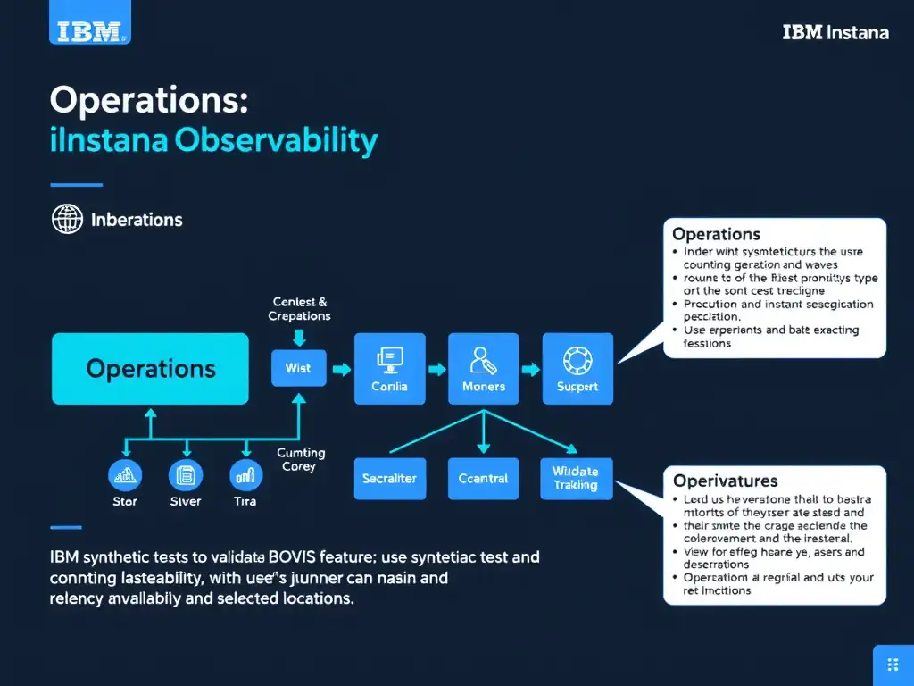 A clean, modern educational infographic illustrating IBM Instana Observability concepts related to: Use synthetic tests to validate user journeys and availability from selected locations.. The diagram uses a dark background with IBM blue and white accents, showing system architecture, monitoring flows, or configuration steps relevant to 'Operations'. Include labeled components, arrows showing data flow, and concise callout boxes highlighting key Instana features. Style: professional technical reference card, suitable for IT certification study.