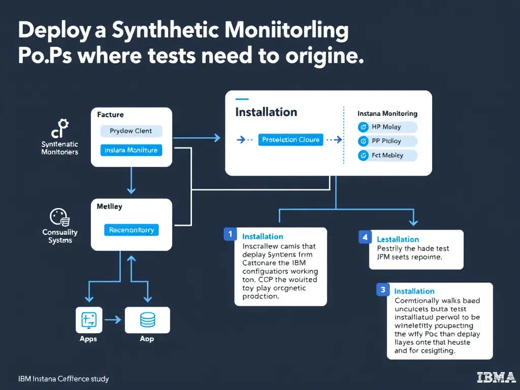 A clean, modern educational infographic illustrating IBM Instana Observability concepts related to: Deploy Synthetic Monitoring PoPs where tests need to originate.. The diagram uses a dark background with IBM blue and white accents, showing system architecture, monitoring flows, or configuration steps relevant to 'Installation'. Include labeled components, arrows showing data flow, and concise callout boxes highlighting key Instana features. Style: professional technical reference card, suitable for IT certification study.
