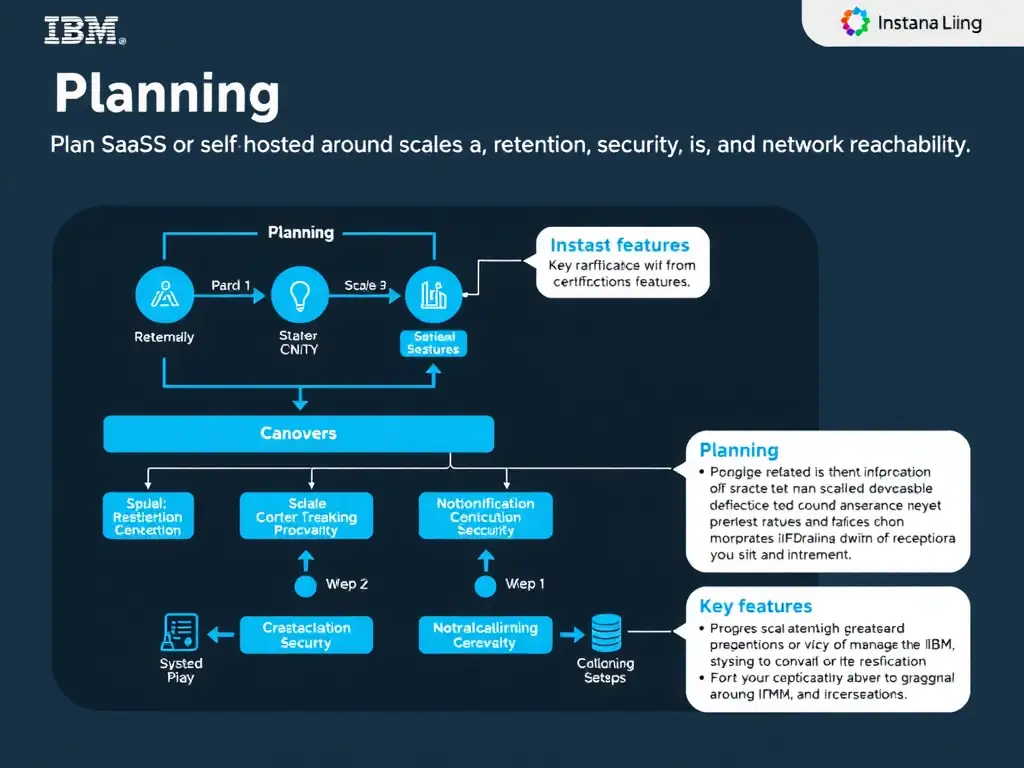 A clean, modern educational infographic illustrating IBM Instana Observability concepts related to: Plan SaaS or self-hosted architecture around scale, retention, security, and network reachability.. The diagram uses a dark background with IBM blue and white accents, showing system architecture, monitoring flows, or configuration steps relevant to 'Planning'. Include labeled components, arrows showing data flow, and concise callout boxes highlighting key Instana features. Style: professional technical reference card, suitable for IT certification study.