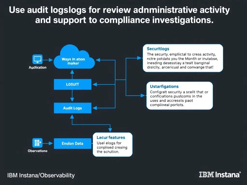 A clean, modern educational infographic illustrating IBM Instana Observability concepts related to: Use audit logs to review administrative activity and support compliance investigations.. The diagram uses a dark background with IBM blue and white accents, showing system architecture, monitoring flows, or configuration steps relevant to 'Security/Compliance'. Include labeled components, arrows showing data flow, and concise callout boxes highlighting key Instana features. Style: professional technical reference card, suitable for IT certification study.