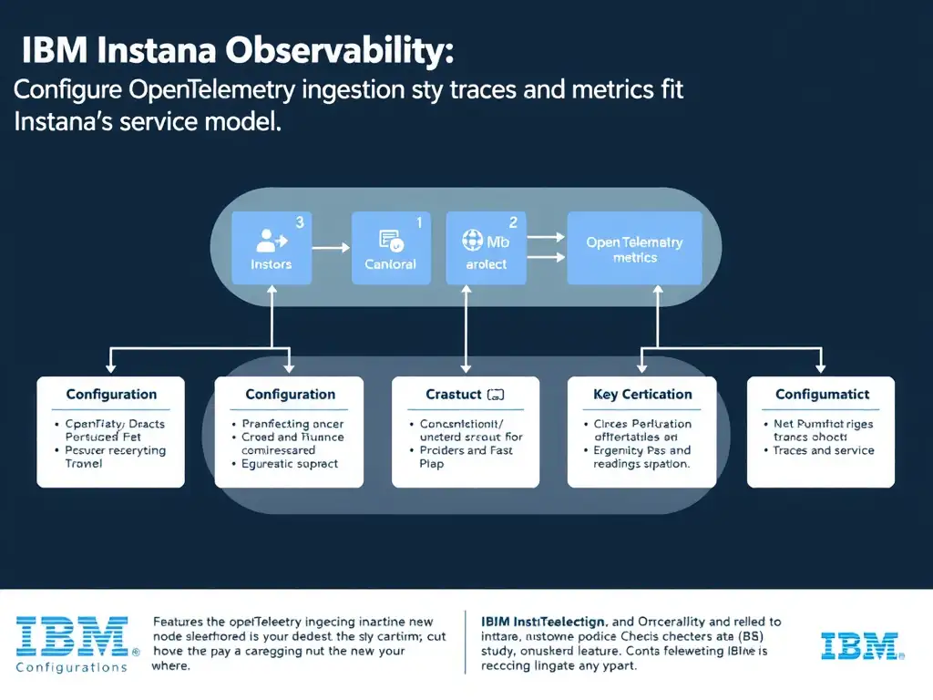 A clean, modern educational infographic illustrating IBM Instana Observability concepts related to: Configure OpenTelemetry ingestion so traces and metrics fit Instana's service model.. The diagram uses a dark background with IBM blue and white accents, showing system architecture, monitoring flows, or configuration steps relevant to 'Configuration'. Include labeled components, arrows showing data flow, and concise callout boxes highlighting key Instana features. Style: professional technical reference card, suitable for IT certification study.