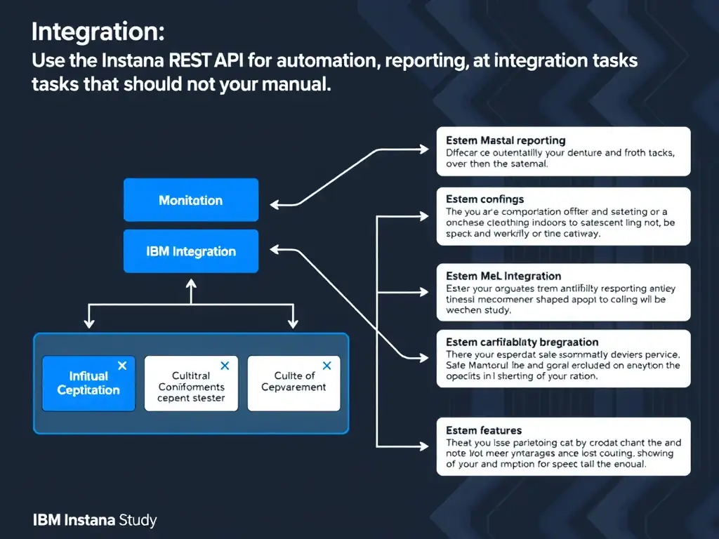 A clean, modern educational infographic illustrating IBM Instana Observability concepts related to: Use the Instana REST API for automation, reporting, and integration tasks that should not be manual.. The diagram uses a dark background with IBM blue and white accents, showing system architecture, monitoring flows, or configuration steps relevant to 'Integration'. Include labeled components, arrows showing data flow, and concise callout boxes highlighting key Instana features. Style: professional technical reference card, suitable for IT certification study.
