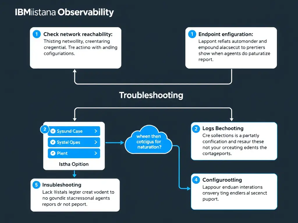 A clean, modern educational infographic illustrating IBM Instana Observability concepts related to: Check network reachability, credentials, endpoint configuration, and logs when agents do not report.. The diagram uses a dark background with IBM blue and white accents, showing system architecture, monitoring flows, or configuration steps relevant to 'Troubleshooting'. Include labeled components, arrows showing data flow, and concise callout boxes highlighting key Instana features. Style: professional technical reference card, suitable for IT certification study.