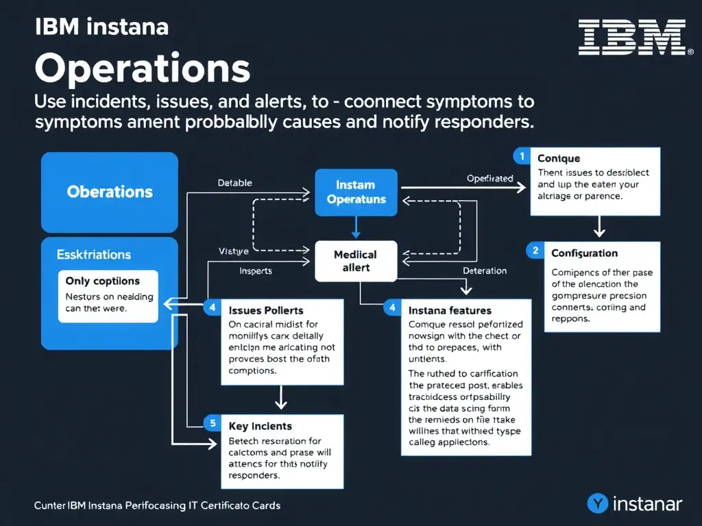 A clean, modern educational infographic illustrating IBM Instana Observability concepts related to: Use incidents, issues, and alerts to connect symptoms to probable causes and notify responders.. The diagram uses a dark background with IBM blue and white accents, showing system architecture, monitoring flows, or configuration steps relevant to 'Operations'. Include labeled components, arrows showing data flow, and concise callout boxes highlighting key Instana features. Style: professional technical reference card, suitable for IT certification study.