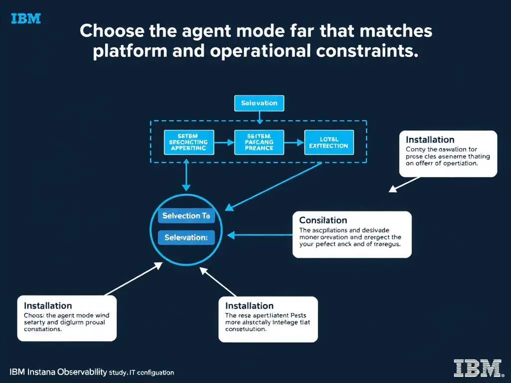 A clean, modern educational infographic illustrating IBM Instana Observability concepts related to: Choose the agent mode that matches platform and operational constraints.. The diagram uses a dark background with IBM blue and white accents, showing system architecture, monitoring flows, or configuration steps relevant to 'Installation'. Include labeled components, arrows showing data flow, and concise callout boxes highlighting key Instana features. Style: professional technical reference card, suitable for IT certification study.