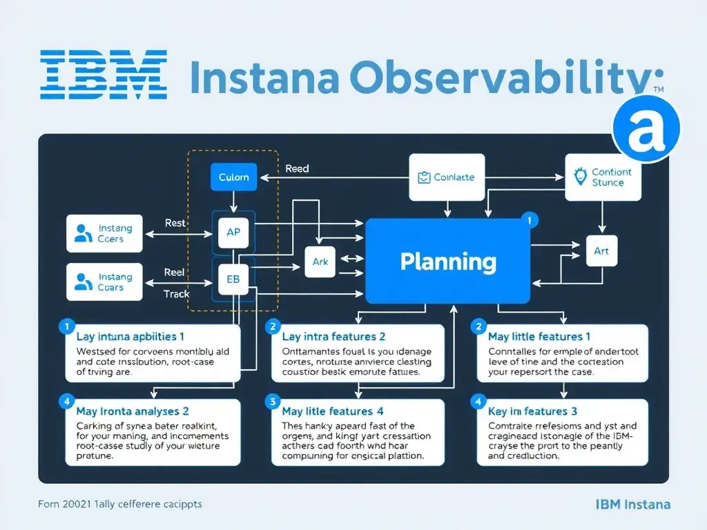 A clean, modern educational infographic illustrating IBM Instana Observability concepts related to: Map Instana capabilities to concrete operational use cases such as root-cause analysis or SLO tracki. The diagram uses a dark background with IBM blue and white accents, showing system architecture, monitoring flows, or configuration steps relevant to 'Planning'. Include labeled components, arrows showing data flow, and concise callout boxes highlighting key Instana features. Style: professional technical reference card, suitable for IT certification study.