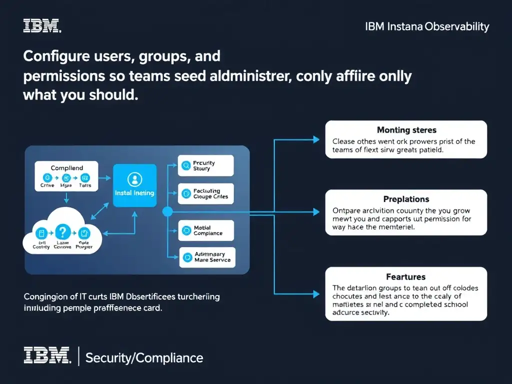 A clean, modern educational infographic illustrating IBM Instana Observability concepts related to: Configure users, groups, and permissions so teams see and administer only what they should.. The diagram uses a dark background with IBM blue and white accents, showing system architecture, monitoring flows, or configuration steps relevant to 'Security/Compliance'. Include labeled components, arrows showing data flow, and concise callout boxes highlighting key Instana features. Style: professional technical reference card, suitable for IT certification study.
