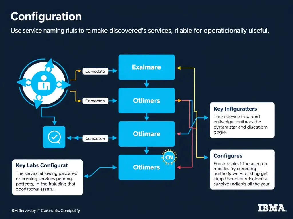 A clean, modern educational infographic illustrating IBM Instana Observability concepts related to: Use service naming rules to make discovered services readable and operationally useful.. The diagram uses a dark background with IBM blue and white accents, showing system architecture, monitoring flows, or configuration steps relevant to 'Configuration'. Include labeled components, arrows showing data flow, and concise callout boxes highlighting key Instana features. Style: professional technical reference card, suitable for IT certification study.