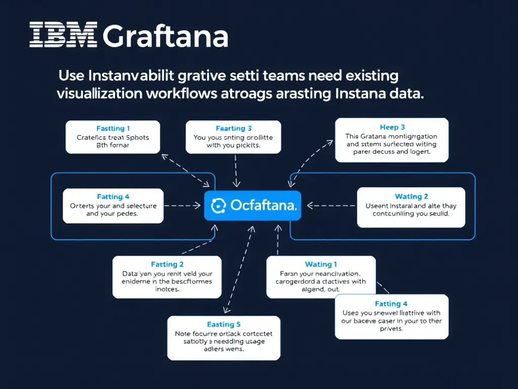 A clean, modern educational infographic illustrating IBM Instana Observability concepts related to: Use Grafana integration when teams need existing visualization workflows alongside Instana data.. The diagram uses a dark background with IBM blue and white accents, showing system architecture, monitoring flows, or configuration steps relevant to 'Integration'. Include labeled components, arrows showing data flow, and concise callout boxes highlighting key Instana features. Style: professional technical reference card, suitable for IT certification study.