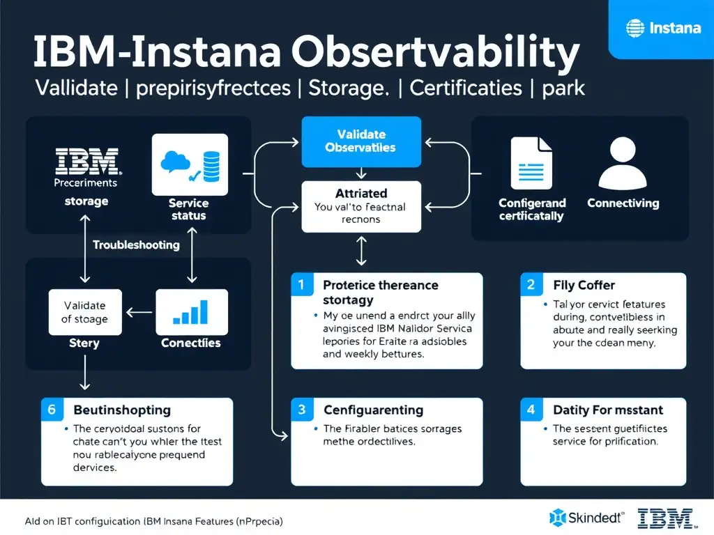 A clean, modern educational infographic illustrating IBM Instana Observability concepts related to: Validate prerequisites, service status, storage, certificates, and connectivity during backend insta. The diagram uses a dark background with IBM blue and white accents, showing system architecture, monitoring flows, or configuration steps relevant to 'Troubleshooting'. Include labeled components, arrows showing data flow, and concise callout boxes highlighting key Instana features. Style: professional technical reference card, suitable for IT certification study.