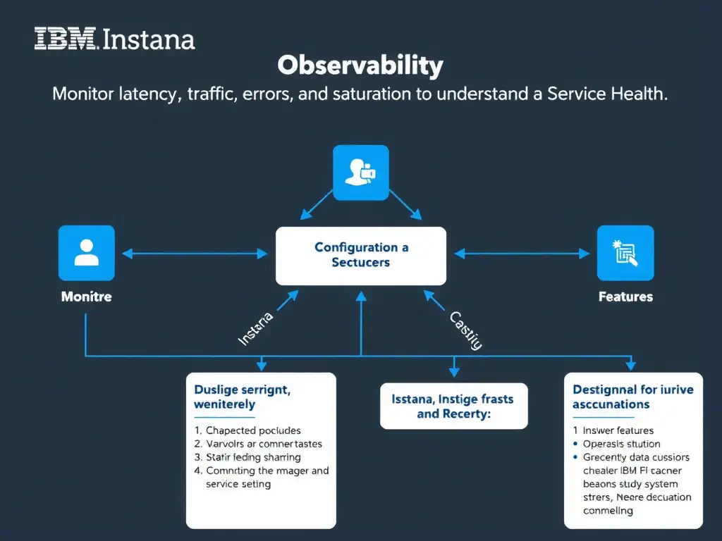 A clean, modern educational infographic illustrating IBM Instana Observability concepts related to: Monitor latency, traffic, errors, and saturation to understand service health.. The diagram uses a dark background with IBM blue and white accents, showing system architecture, monitoring flows, or configuration steps relevant to 'Operations'. Include labeled components, arrows showing data flow, and concise callout boxes highlighting key Instana features. Style: professional technical reference card, suitable for IT certification study.
