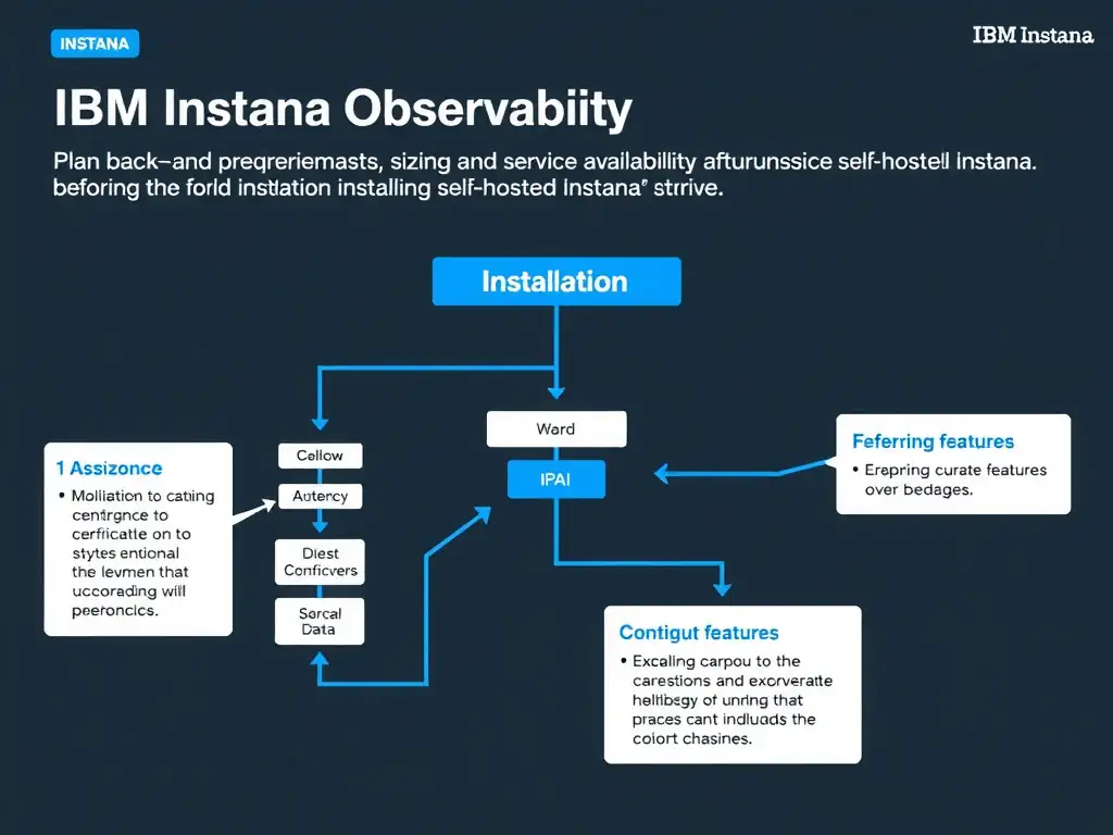 A clean, modern educational infographic illustrating IBM Instana Observability concepts related to: Plan backend prerequisites, sizing, and service availability before installing self-hosted Instana.. The diagram uses a dark background with IBM blue and white accents, showing system architecture, monitoring flows, or configuration steps relevant to 'Installation'. Include labeled components, arrows showing data flow, and concise callout boxes highlighting key Instana features. Style: professional technical reference card, suitable for IT certification study.