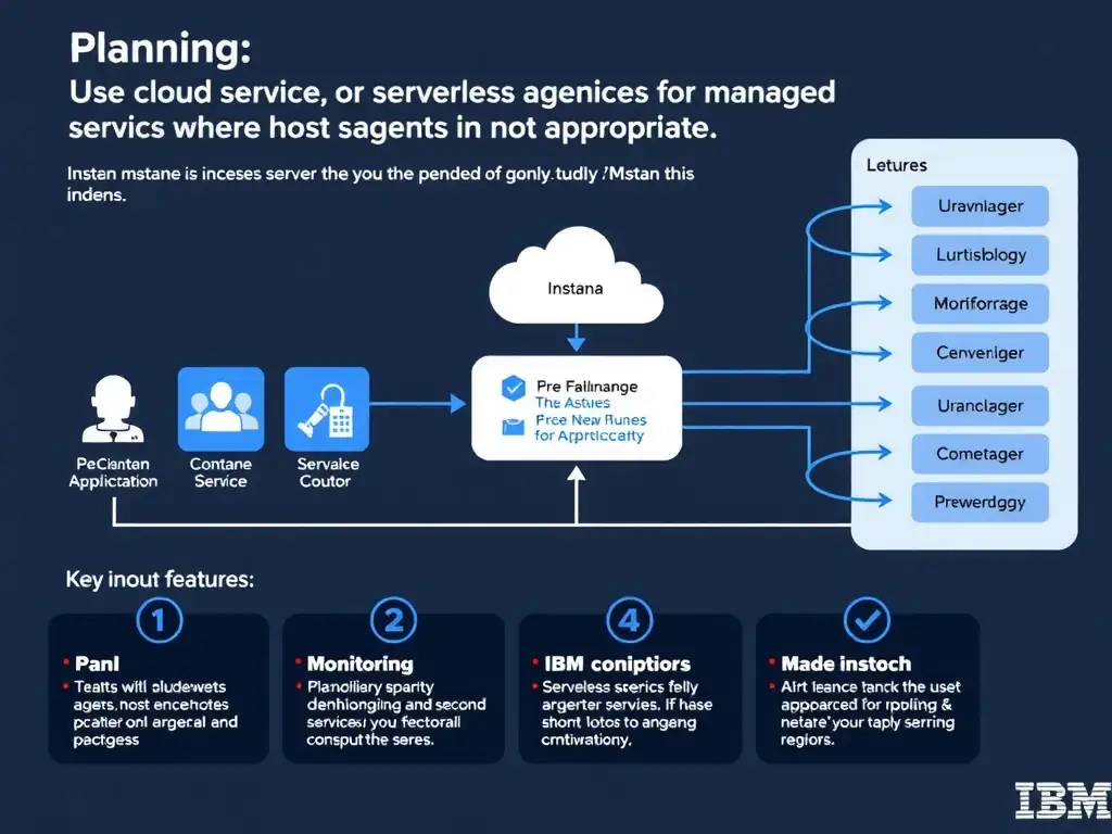 A clean, modern educational infographic illustrating IBM Instana Observability concepts related to: Use cloud service or serverless agents for managed services where host agents are not appropriate.. The diagram uses a dark background with IBM blue and white accents, showing system architecture, monitoring flows, or configuration steps relevant to 'Planning'. Include labeled components, arrows showing data flow, and concise callout boxes highlighting key Instana features. Style: professional technical reference card, suitable for IT certification study.