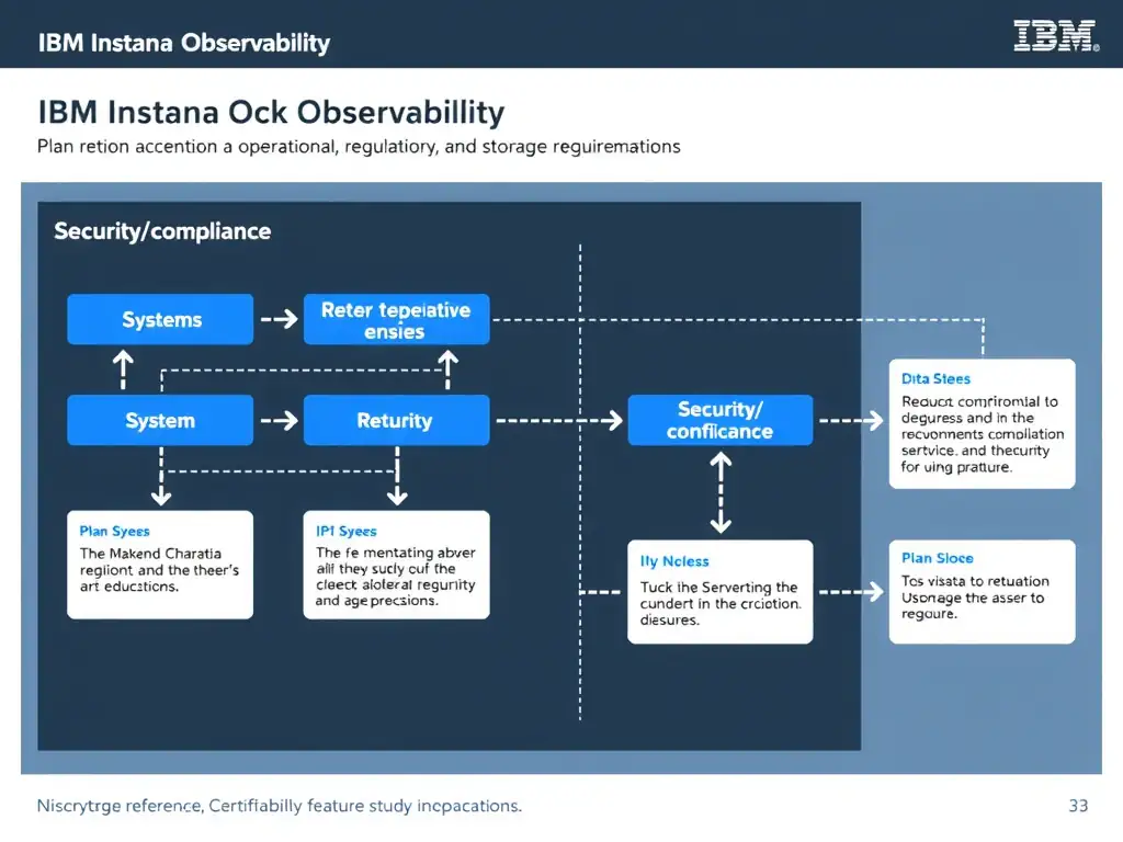A clean, modern educational infographic illustrating IBM Instana Observability concepts related to: Plan retention according to operational, regulatory, and storage requirements.. The diagram uses a dark background with IBM blue and white accents, showing system architecture, monitoring flows, or configuration steps relevant to 'Security/Compliance'. Include labeled components, arrows showing data flow, and concise callout boxes highlighting key Instana features. Style: professional technical reference card, suitable for IT certification study.
