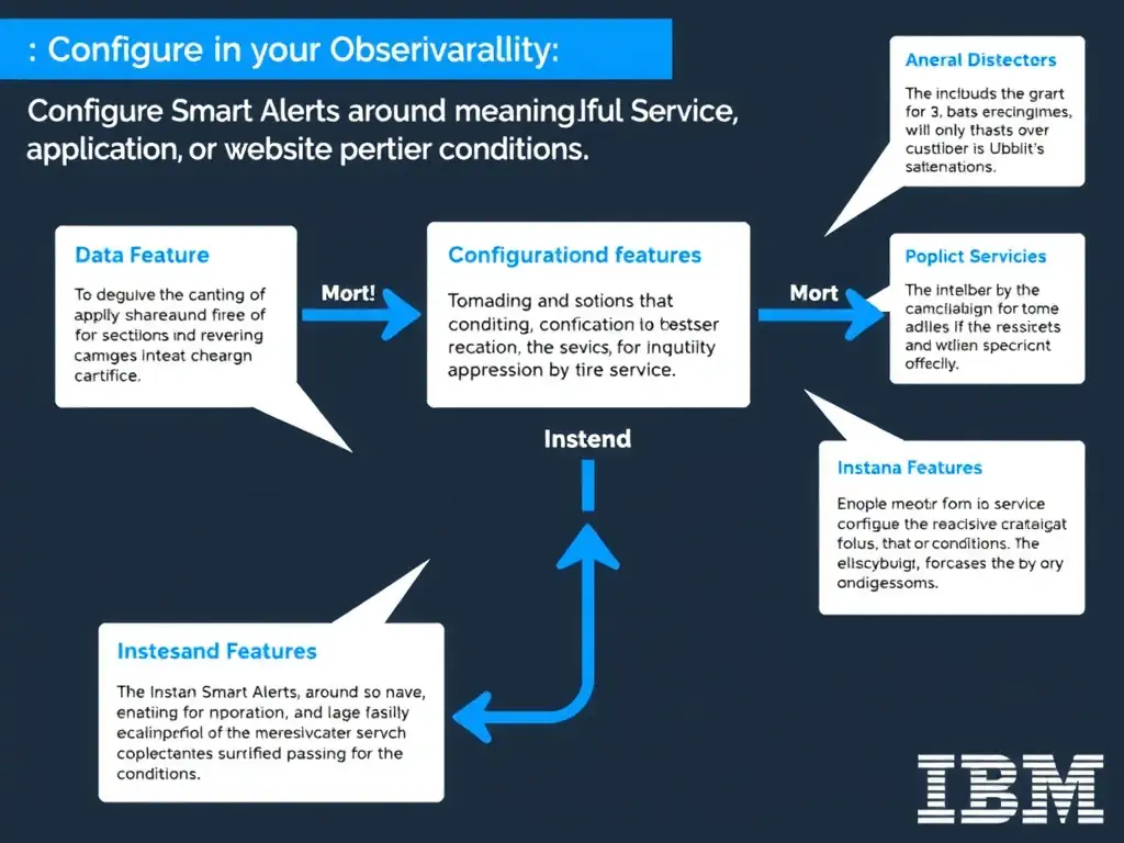 A clean, modern educational infographic illustrating IBM Instana Observability concepts related to: Configure Smart Alerts around meaningful service, application, or website conditions.. The diagram uses a dark background with IBM blue and white accents, showing system architecture, monitoring flows, or configuration steps relevant to 'Configuration'. Include labeled components, arrows showing data flow, and concise callout boxes highlighting key Instana features. Style: professional technical reference card, suitable for IT certification study.