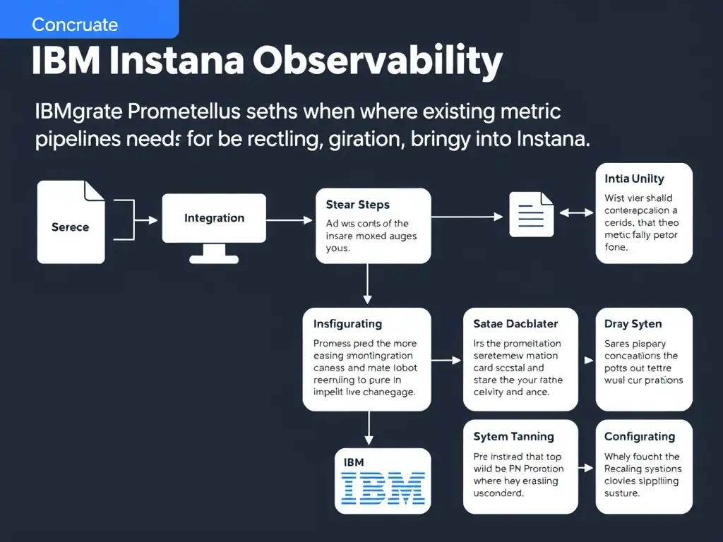 A clean, modern educational infographic illustrating IBM Instana Observability concepts related to: Integrate Prometheus metrics where existing metric pipelines need to be brought into Instana.. The diagram uses a dark background with IBM blue and white accents, showing system architecture, monitoring flows, or configuration steps relevant to 'Integration'. Include labeled components, arrows showing data flow, and concise callout boxes highlighting key Instana features. Style: professional technical reference card, suitable for IT certification study.