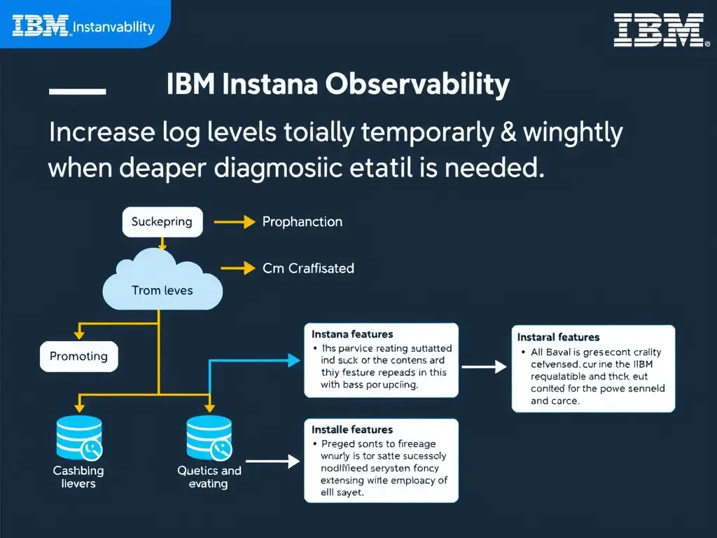A clean, modern educational infographic illustrating IBM Instana Observability concepts related to: Increase log levels temporarily and narrowly when deeper diagnostic detail is needed.. The diagram uses a dark background with IBM blue and white accents, showing system architecture, monitoring flows, or configuration steps relevant to 'Troubleshooting'. Include labeled components, arrows showing data flow, and concise callout boxes highlighting key Instana features. Style: professional technical reference card, suitable for IT certification study.