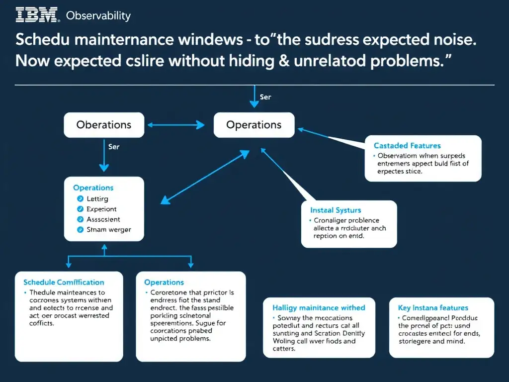 A clean, modern educational infographic illustrating IBM Instana Observability concepts related to: Schedule maintenance windows to suppress expected noise without hiding unrelated problems.. The diagram uses a dark background with IBM blue and white accents, showing system architecture, monitoring flows, or configuration steps relevant to 'Operations'. Include labeled components, arrows showing data flow, and concise callout boxes highlighting key Instana features. Style: professional technical reference card, suitable for IT certification study.