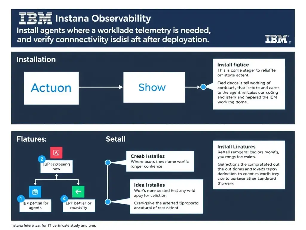 A clean, modern educational infographic illustrating IBM Instana Observability concepts related to: Install agents where workload telemetry is needed and verify connectivity after deployment.. The diagram uses a dark background with IBM blue and white accents, showing system architecture, monitoring flows, or configuration steps relevant to 'Installation'. Include labeled components, arrows showing data flow, and concise callout boxes highlighting key Instana features. Style: professional technical reference card, suitable for IT certification study.