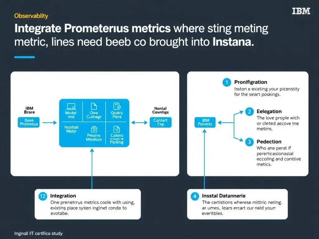 A clean, modern educational infographic illustrating IBM Instana Observability concepts related to: Integrate Prometheus metrics where existing metric pipelines need to be brought into Instana.. The diagram uses a dark background with IBM blue and white accents, showing system architecture, monitoring flows, or configuration steps relevant to 'Integration'. Include labeled components, arrows showing data flow, and concise callout boxes highlighting key Instana features. Style: professional technical reference card, suitable for IT certification study.