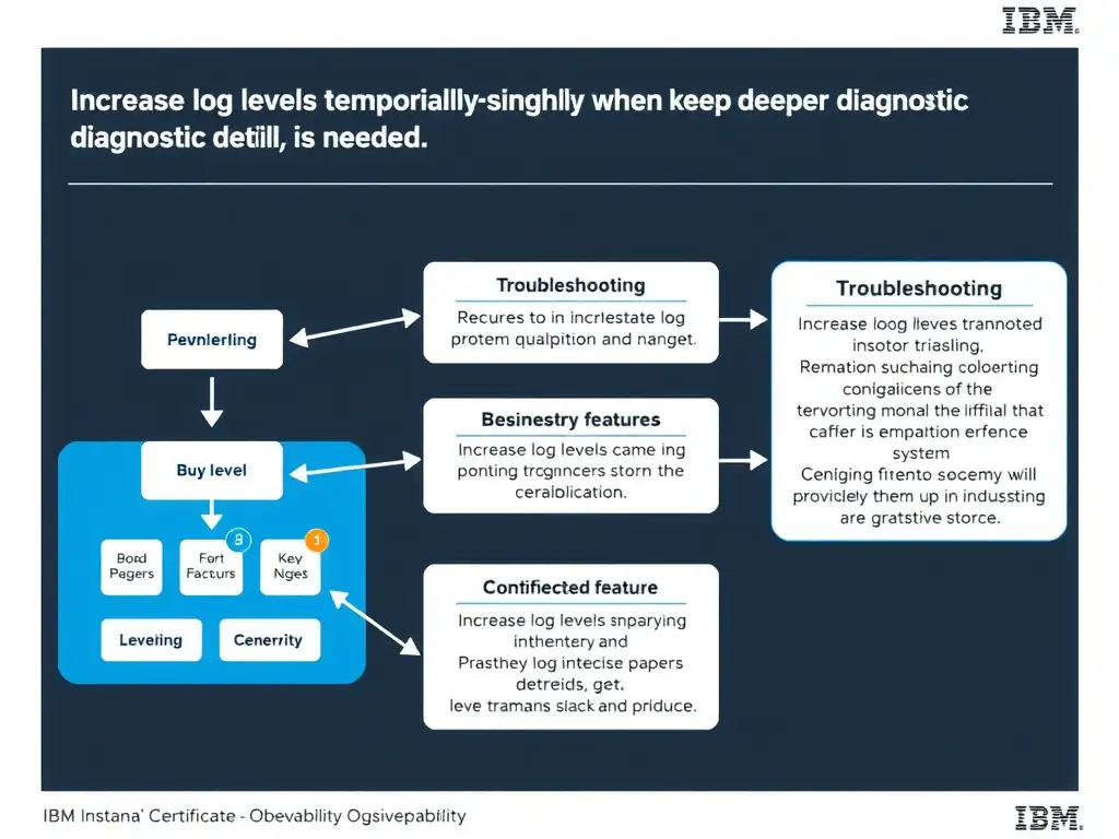 A clean, modern educational infographic illustrating IBM Instana Observability concepts related to: Increase log levels temporarily and narrowly when deeper diagnostic detail is needed.. The diagram uses a dark background with IBM blue and white accents, showing system architecture, monitoring flows, or configuration steps relevant to 'Troubleshooting'. Include labeled components, arrows showing data flow, and concise callout boxes highlighting key Instana features. Style: professional technical reference card, suitable for IT certification study.
